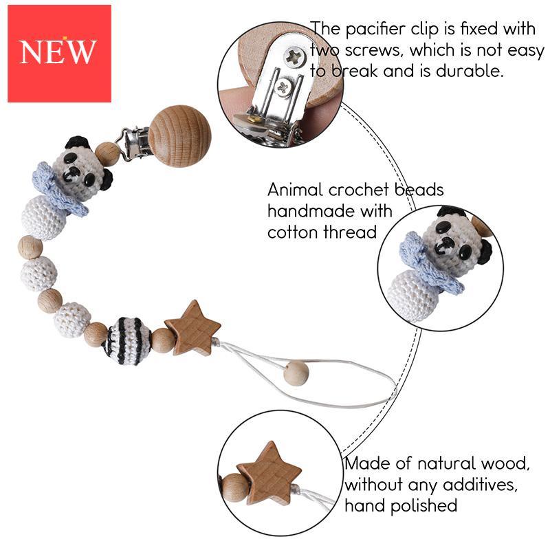 Chaîne de sucette moderne faite à la main, chaînes de dentition pour bébé, perles de panda en crochet, clips en bois, petite tige en bois pour enfants