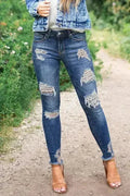 Jeans skinny délavé pour femme, bleu foncé, imprimé léopard, effet vieilli