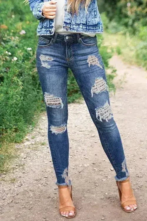 Jeans skinny délavé pour femme, bleu foncé, imprimé léopard, effet vieilli