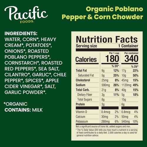 Velouté bio de maïs et de piment poblano Pacific Foods, boîte de 462 g