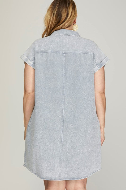 Robe chemise boutonnée à manches repliées de couleur bleu-gris, taille standard et grande taille, décontractée et simple pour femme
