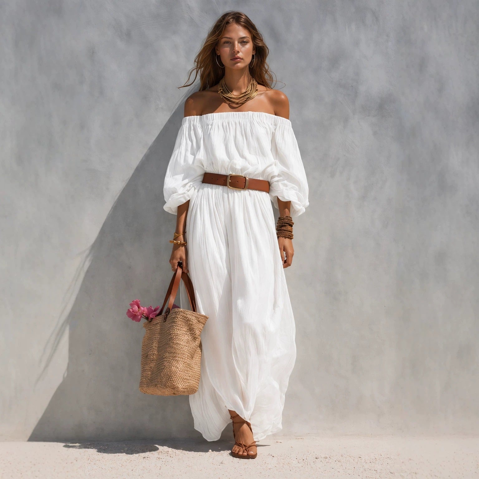 Robe longue sans manches en coton et lin à col bateau pour femme