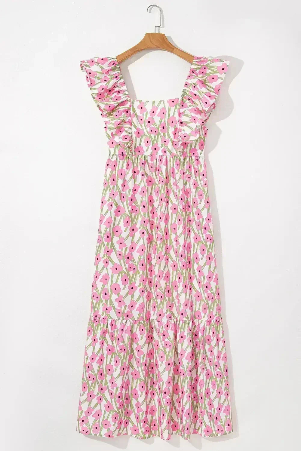 Robe longue à imprimé floral rose, col carré et bretelles à volants