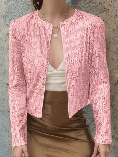 Veste courte élégante à sequins ouverte sur le devant pour femme avec des paillettes glamour, Veste de soirée de luxe pour femme