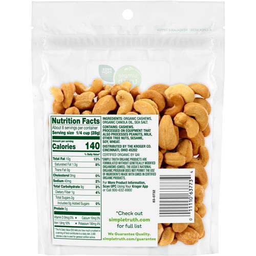 Noix de cajou grillées salées biologiques Simple Truth 8 oz