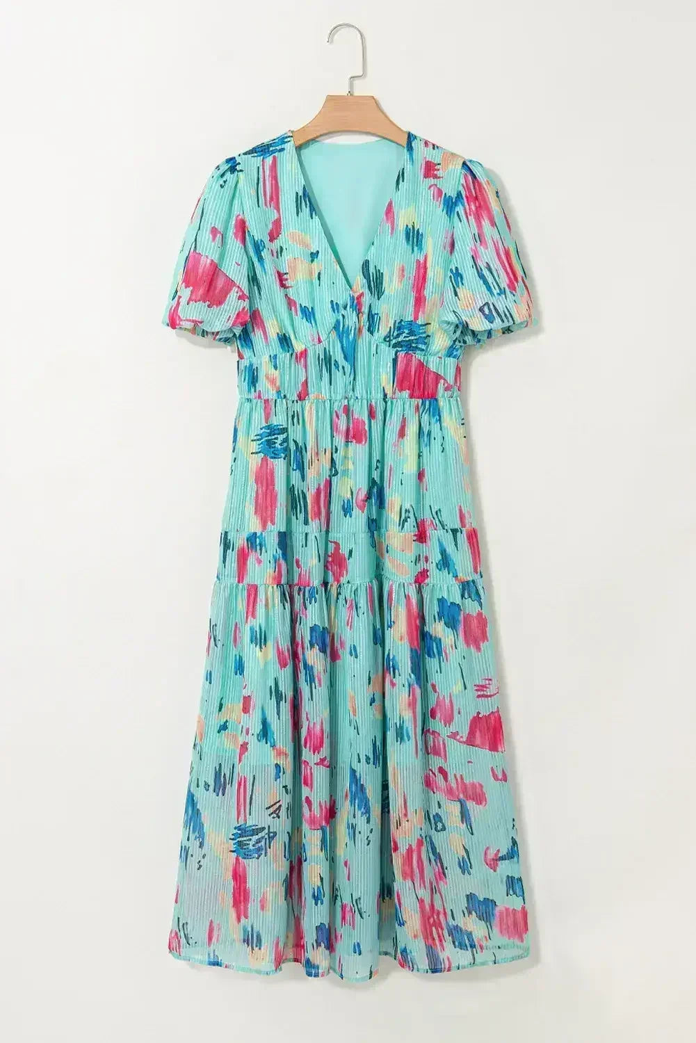 Robe longue étagée à manches courtes bouffantes imprimé abstrait bleu ciel
