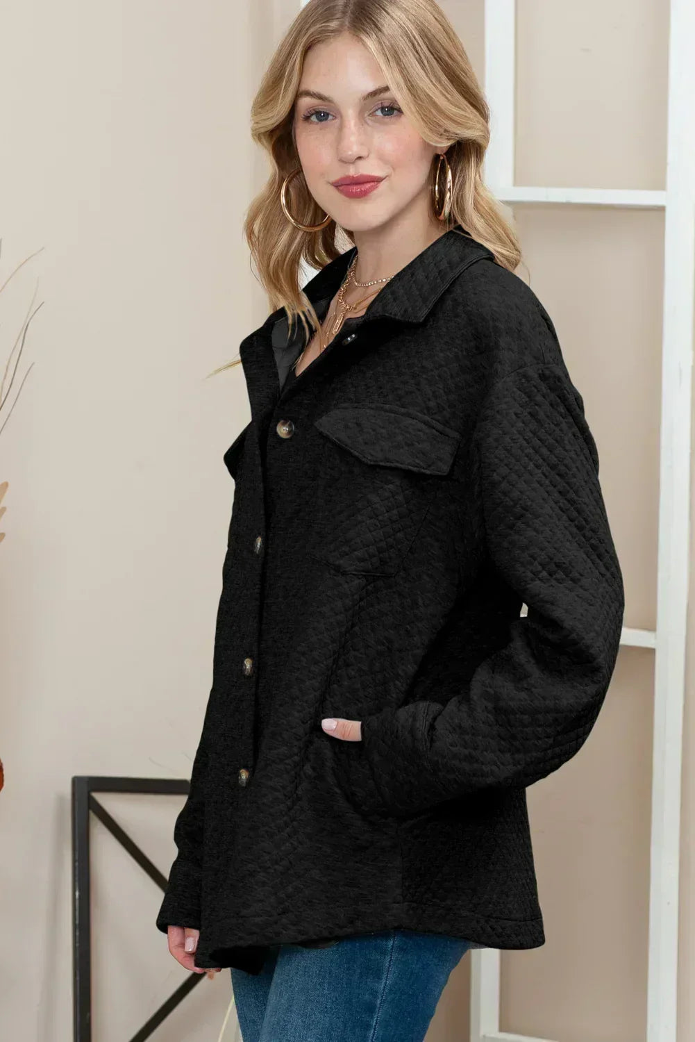 Veste chemise matelassée rétro texturée à losanges noirs – Femstylo