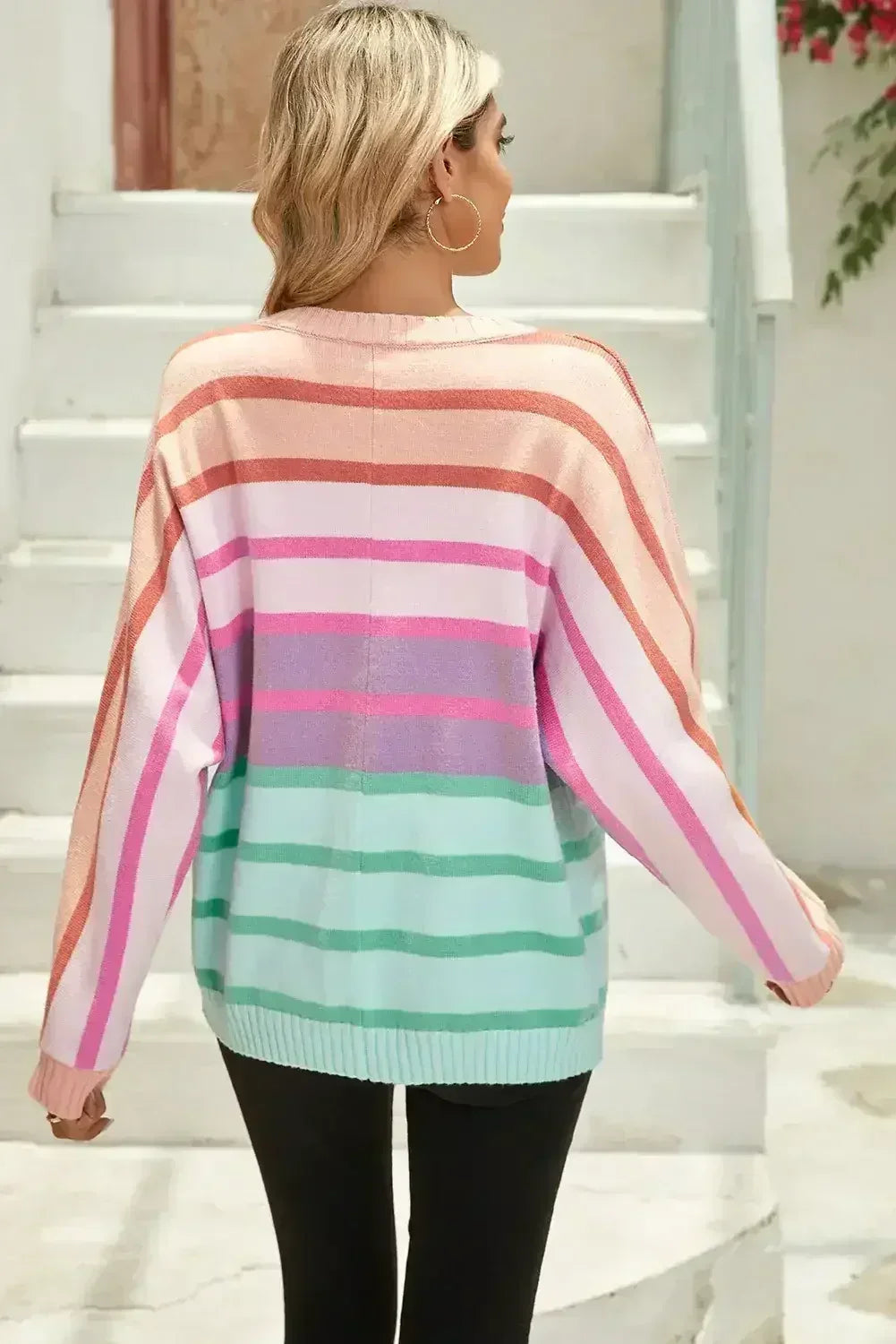 Pull ample à dégradé, bords côtelés rayés multicolores