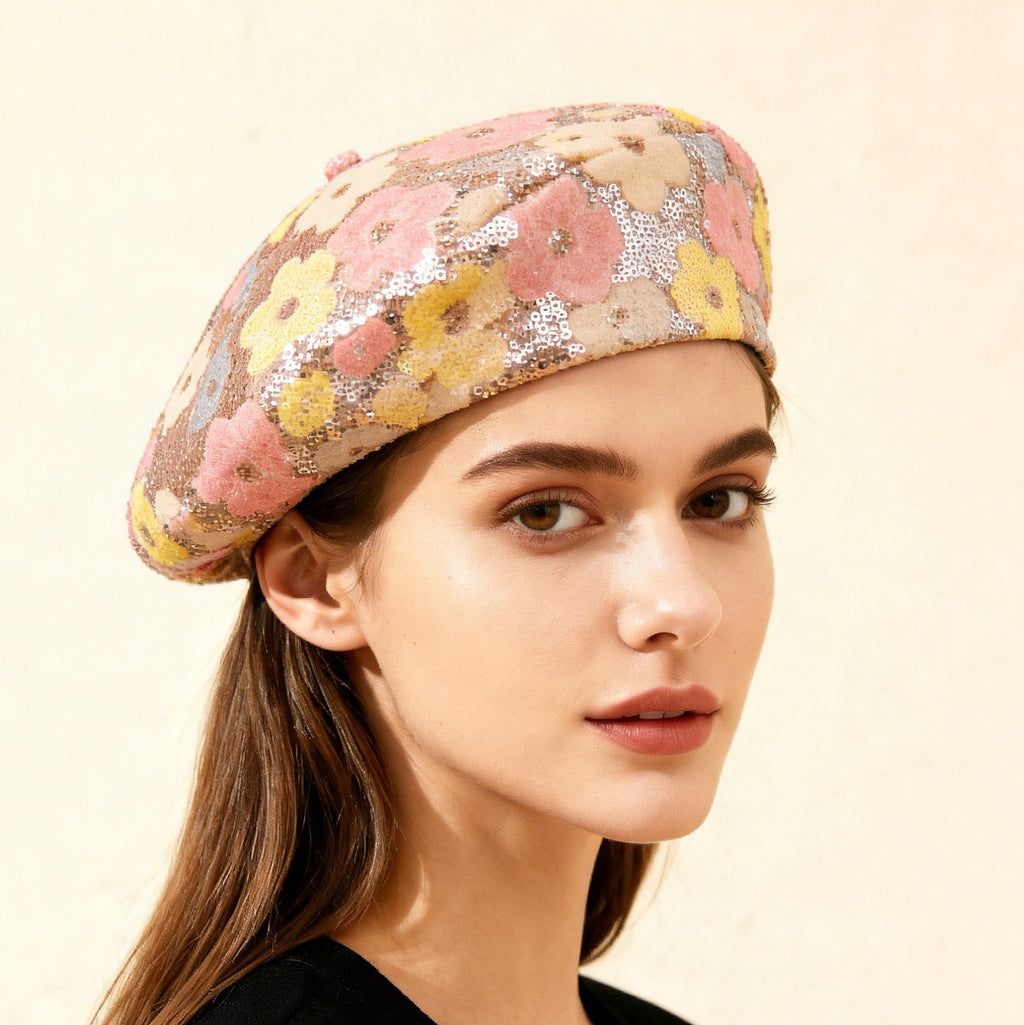 Béret à fleurs à paillettes – Chapeau de peintre tendance pour femme | Style décontracté et extérieur