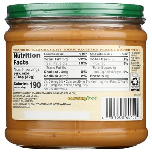 Pâte à tartiner au beurre de cacahuète croquant Santa Cruz Organic No Stir Dark Roast, 453 g