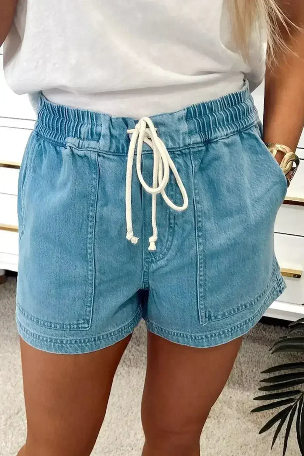 Short en jean Beau Blue avec taille élastique et cordon de serrage