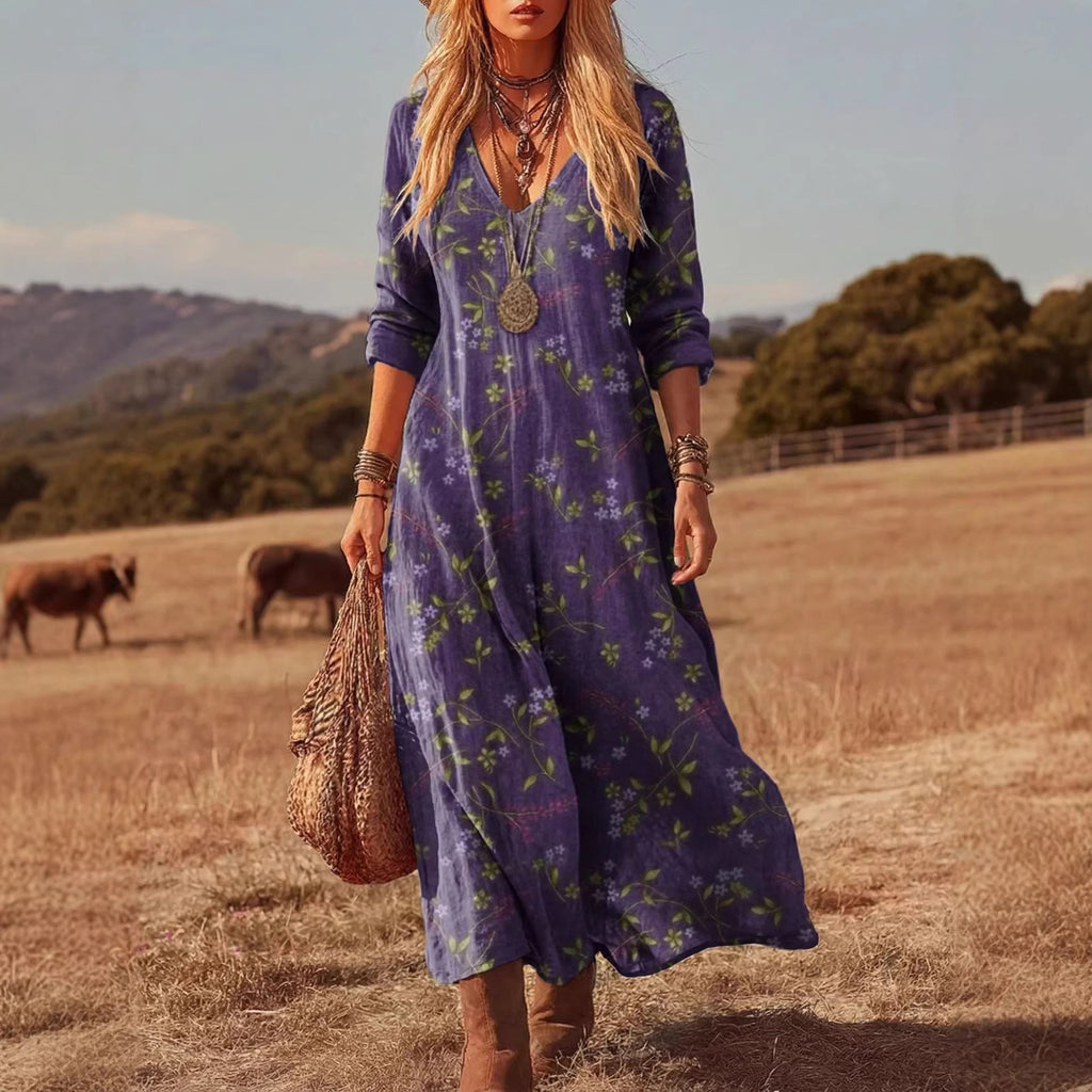 Robe trapèze rétro chic pour femme avec imprimé 3D, col en V et manches longues