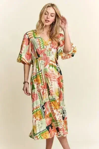 Robe mi-longue d'été florale à col en V et manches bouffantes – femstylo