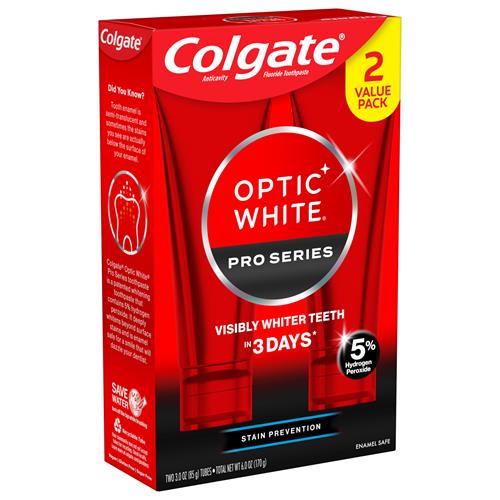 Dentifrice blanchissant Colgate Optic White Pro Series avec 5 % de peroxyde d'hydrogène, prévention des taches, tube de 85 g, paquet de 2
