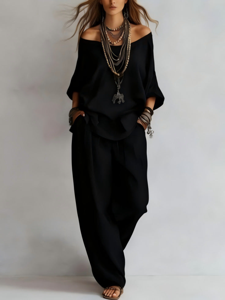 Ensemble top épaules dénudées et pantalon large pour femme