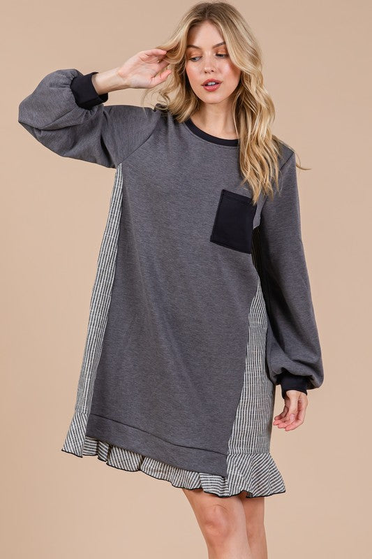 Robe Pull Éponge Femme Col Rond Rayée Patchwork – Décontractée, Tendance, Confortable, Ludique, Ambiance Relax pour Tous les Jours