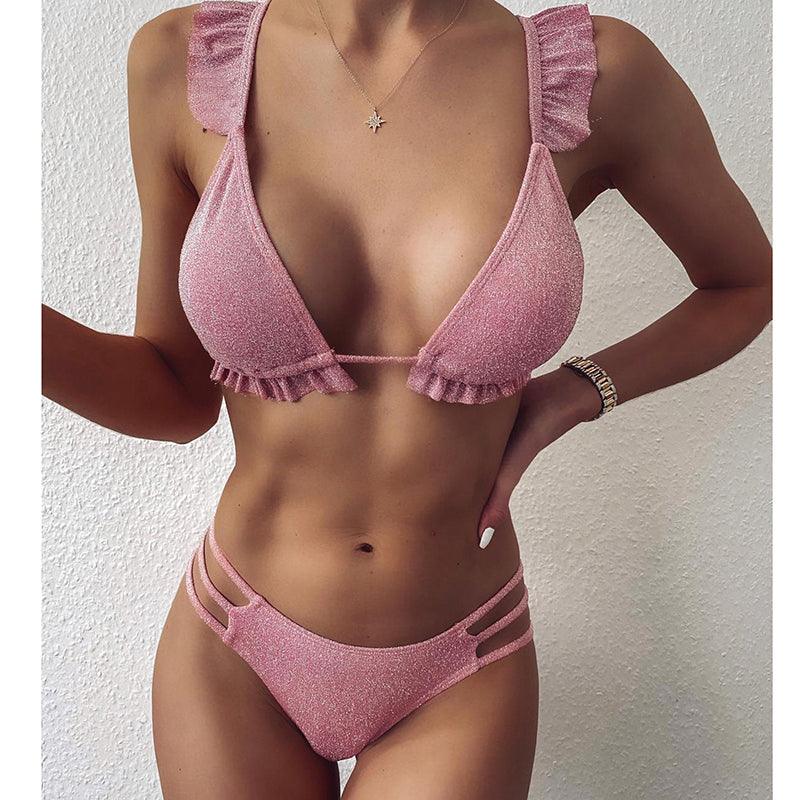 Maillot de bain femme, string, haut de bikini triangle, imprimé push-up, ensembles de bikini deux pièces, fendu, bouton, vêtements de plage, maillot de bain taille haute, échancré.