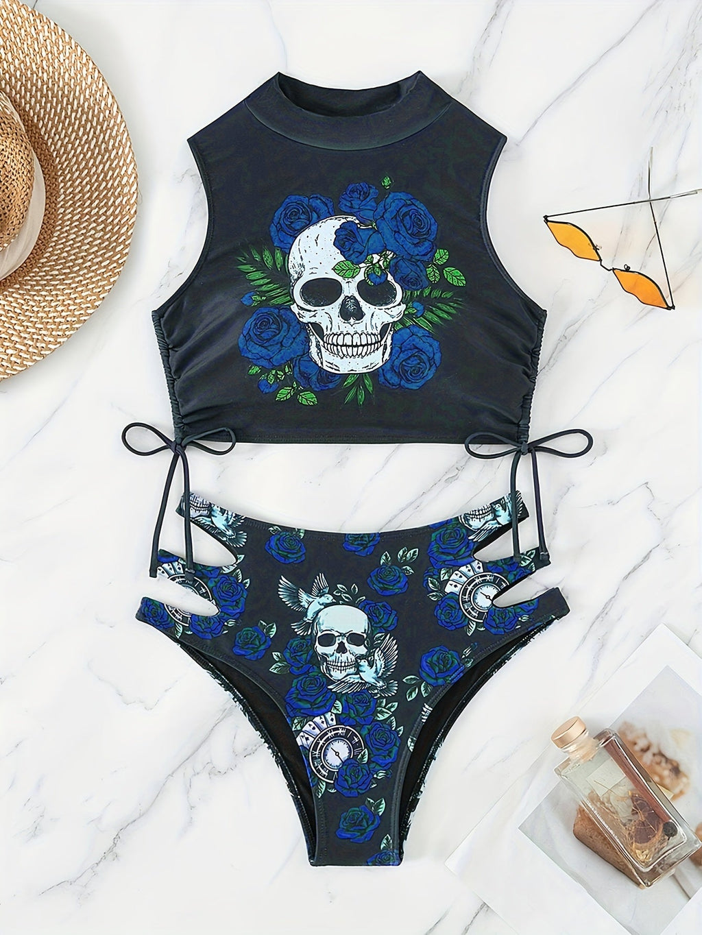 Maillot de Bain 2 Pièces Bikini Imprimé Tête de Mort Creux pour Femme – Maillot de Bain Nœud Papillon Floral Sexy à Lacets avec Col Rond – Ensemble Bikini Extensible Thème Halloween pour Fête à la Plage, Festival et Vacances d'Été