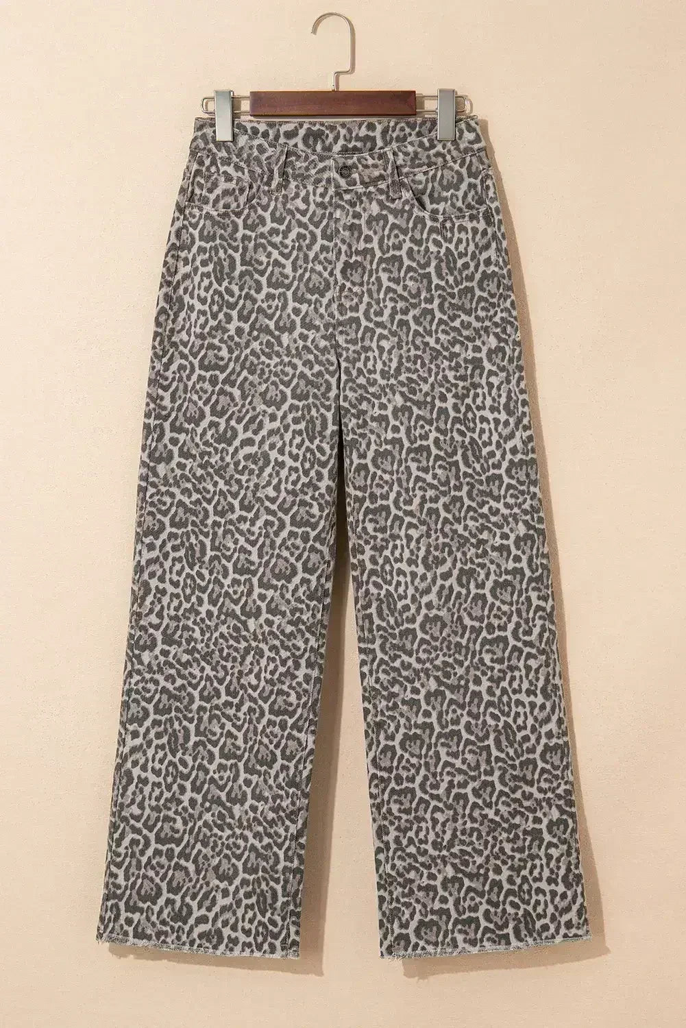 Jean Léopard Marron Taille Haute Ourlet Effiloché