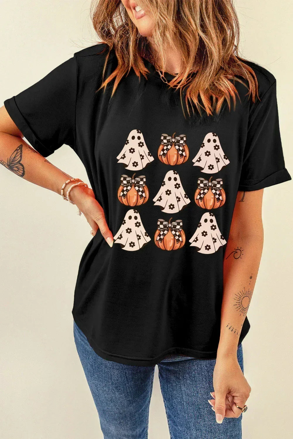 T-Shirt à col rond avec motif citrouille fantôme d'Halloween noir