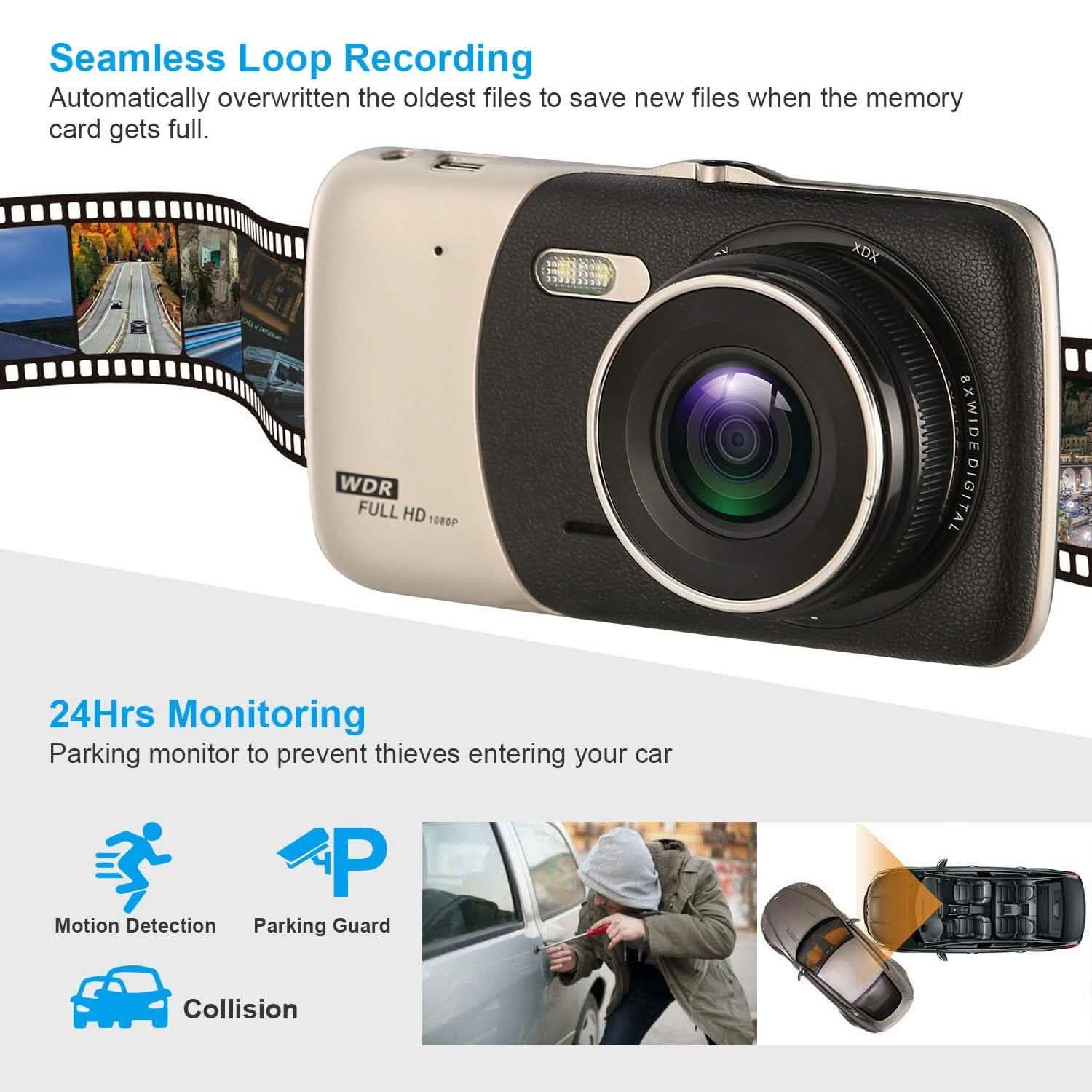 Caméra embarquée Full HD 1080P avec écran 4" et double caméra