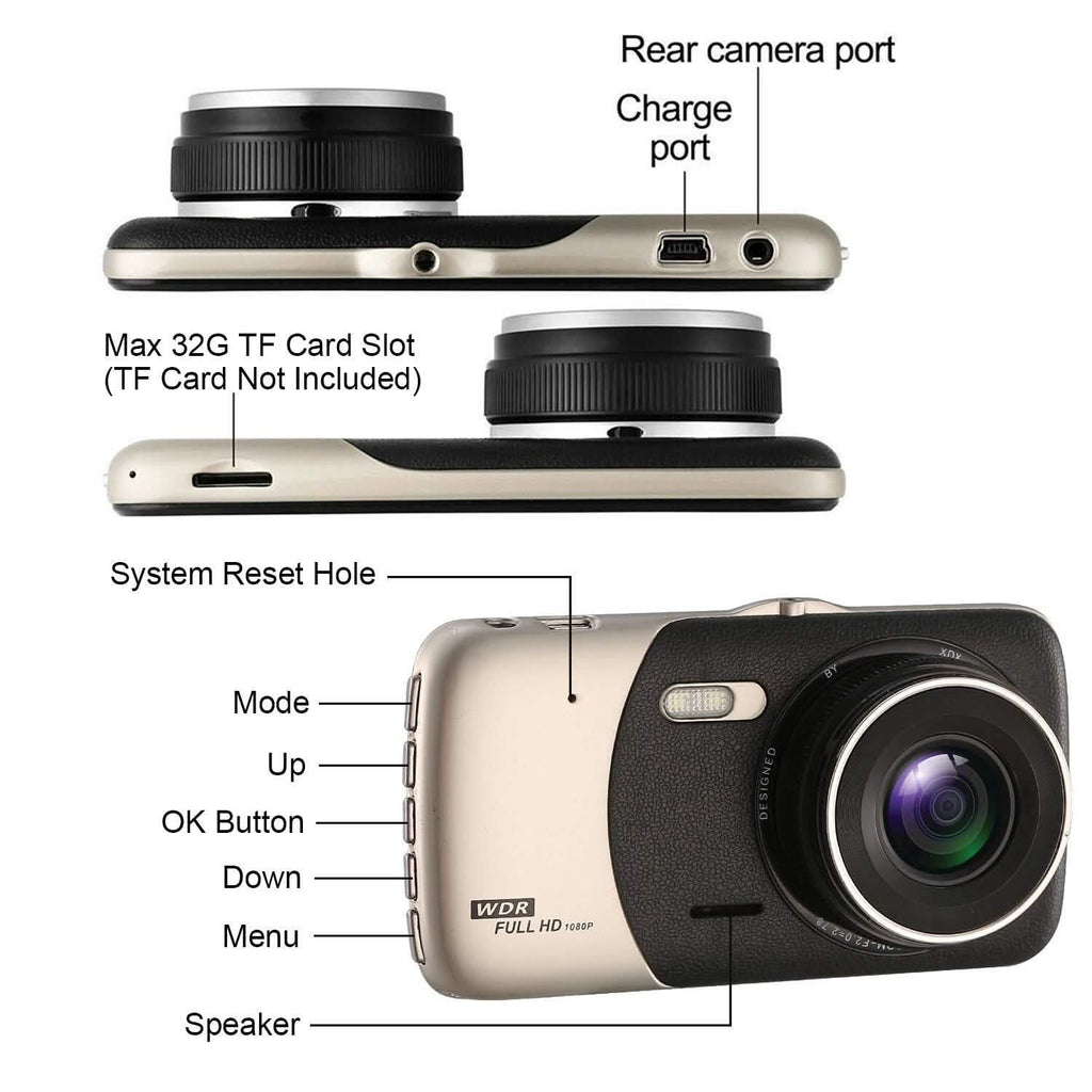 Caméra embarquée Full HD 1080P avec écran 4" et double caméra