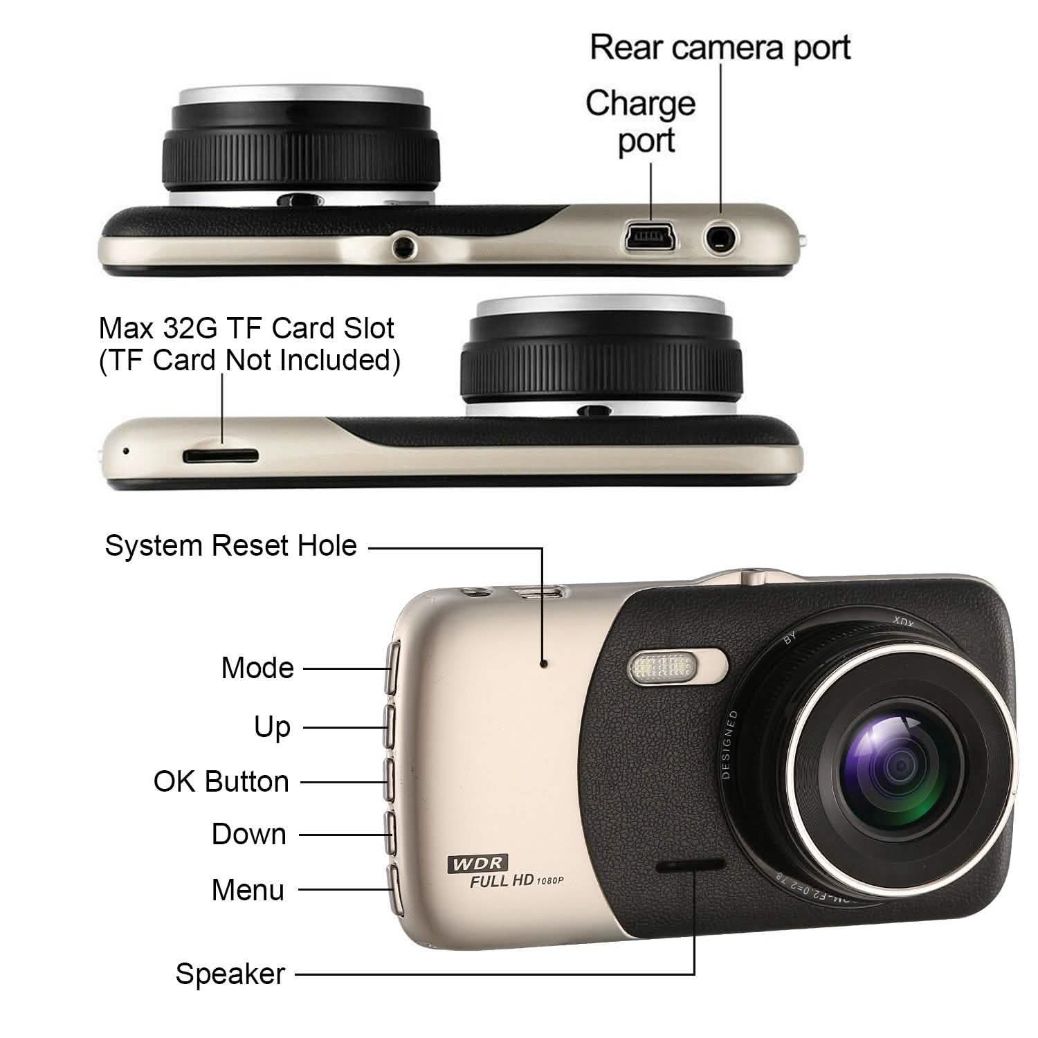 Caméra embarquée Full HD 1080P avec écran 4" et double caméra