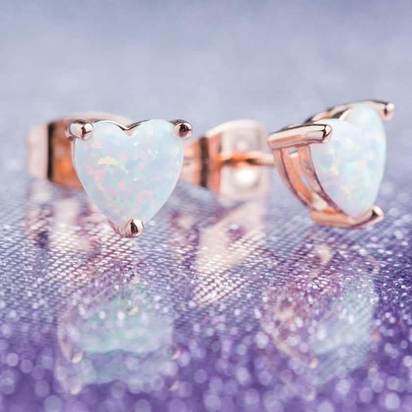 Boucles d'oreilles clous cœur opale de feu en plaqué or rose 18 carats