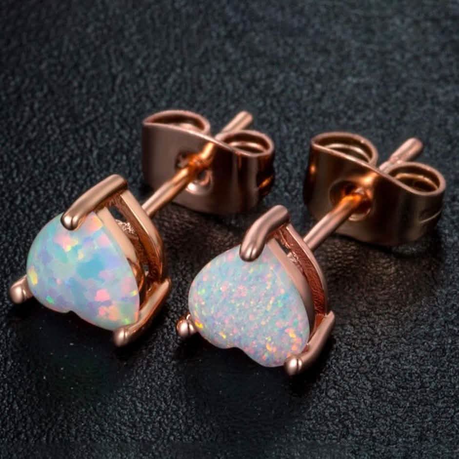 Boucles d'oreilles clous cœur opale de feu en plaqué or rose 18 carats