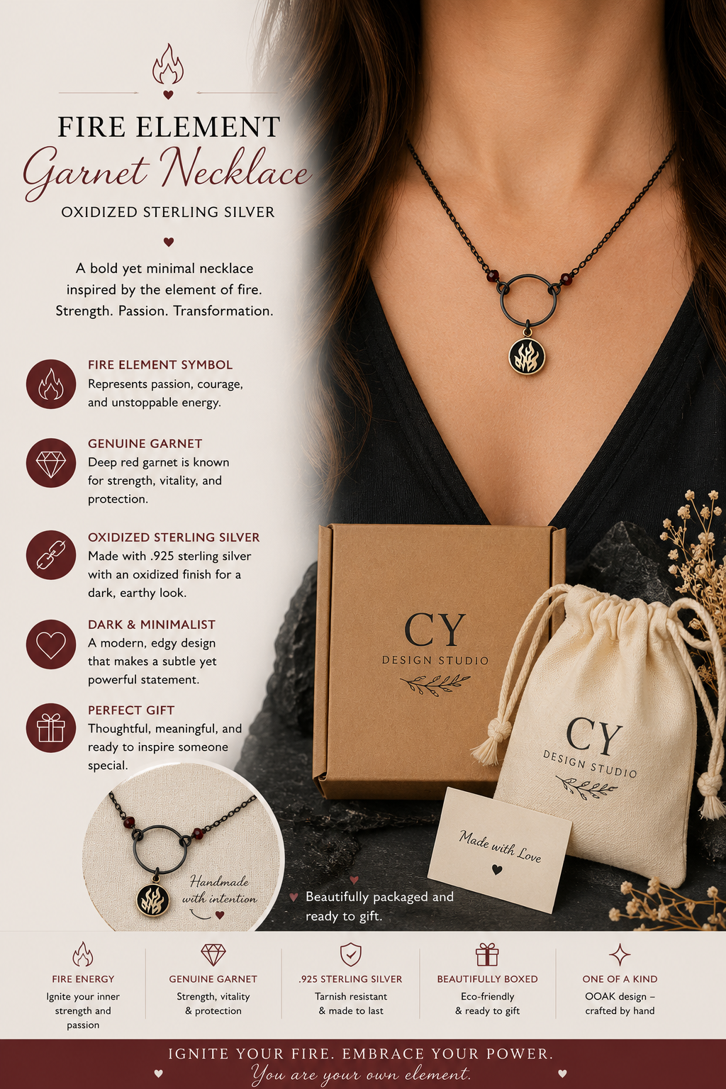 Collier Grenat Élément Feu – Argent Sterling Oxydé