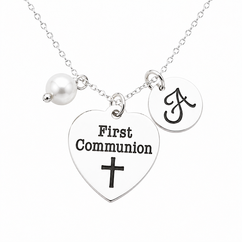 Collier de première communion – Argent sterling avec perle, initiale et breloque cœur en acier inoxydable