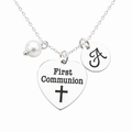 Collier de première communion – Argent sterling avec perle, initiale et breloque cœur en acier inoxydable