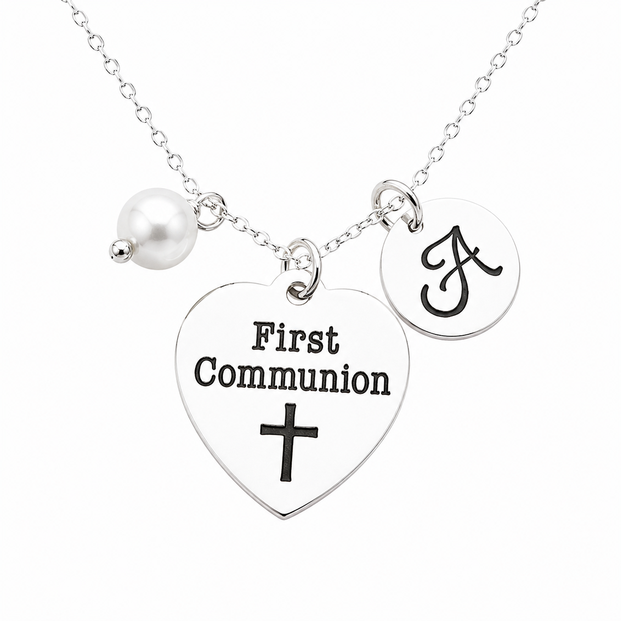 Collier de première communion – Argent sterling avec perle, initiale et breloque cœur en acier inoxydable