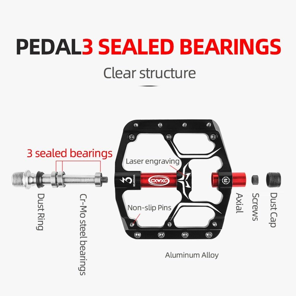 Pédales plates de vélo de route à 3 roulements étanches, pédales de vélo de montagne, accessoires de plate-forme large, pédales de vélo de montagne en aluminium, plates-formes plates légères antidérapantes à roulement étanche pour VTT de route