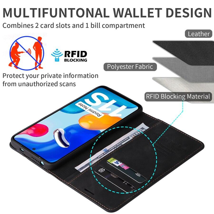 Étui portefeuille antichoc en cuir avec blocage RFID pour Xiaomi Redmi Note 11 10 9 8 7 10C 10A 9 9A 9C 9T 8 Xiaomi Poco X3 X4 NFC M3 M4 Pro F3 avec fentes pour cartes, étui de protection à rabat en cuir magnétique