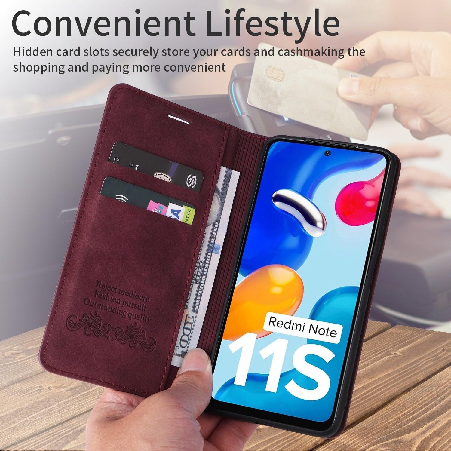 Étui portefeuille antichoc en cuir avec blocage RFID pour Xiaomi Redmi Note 11 10 9 8 7 10C 10A 9 9A 9C 9T 8 Xiaomi Poco X3 X4 NFC M3 M4 Pro F3 avec fentes pour cartes, étui de protection à rabat en cuir magnétique