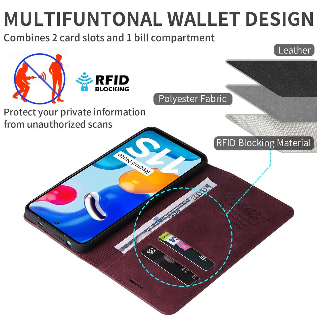 Étui portefeuille antichoc en cuir avec blocage RFID pour Xiaomi Redmi Note 11 10 9 8 7 10C 10A 9 9A 9C 9T 8 Xiaomi Poco X3 X4 NFC M3 M4 Pro F3 avec fentes pour cartes, étui de protection à rabat en cuir magnétique