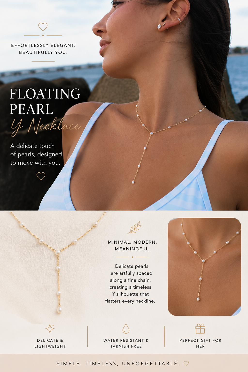 Collier Y Perle Flottante | Collier de Perles en Argent Sterling ou en Or Rempli