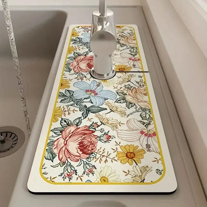 Tapis absorbant pour robinet d'évier à motif floral
