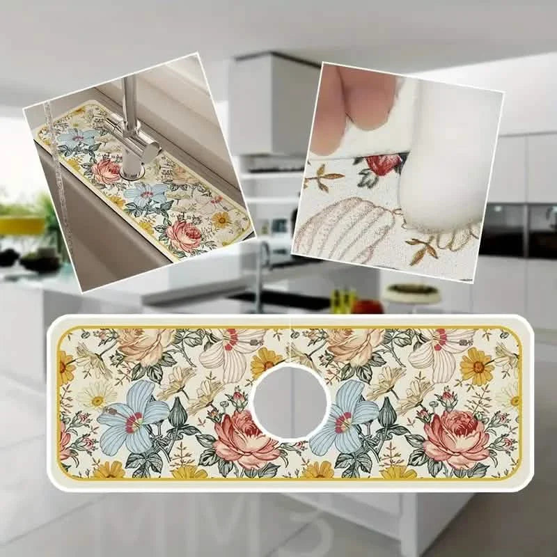 Tapis absorbant pour robinet d'évier à motif floral