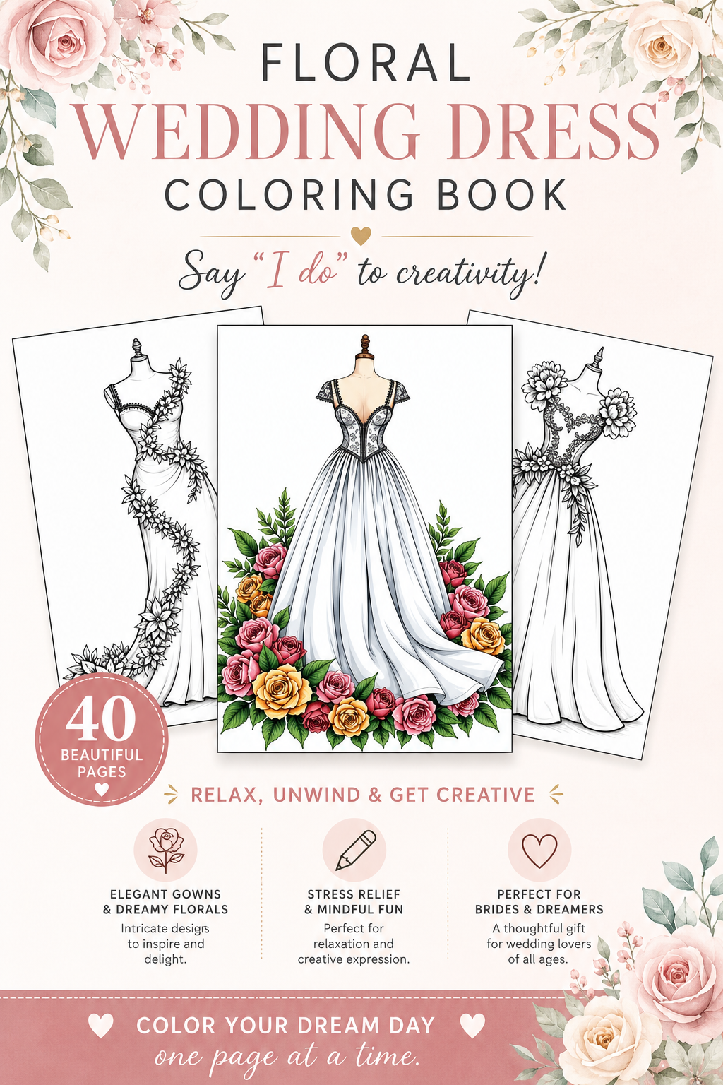 Floral Wedding Dress Coloring Book – 40 Page Printable PDF