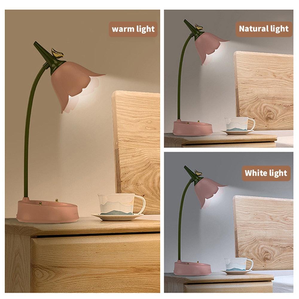 Lampe de bureau LED Fleur Lampe de chevet pour étudiant Éclairage tactile Lampe de lecture de chevet Protection des yeux Veilleuses Lampe de table Lumière Mignonnes lampes d'étude pour la décoration de la chambre