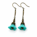 Czech Glass Turquoise Flower Earrings – Brass Dangle Earrings, 1.75"