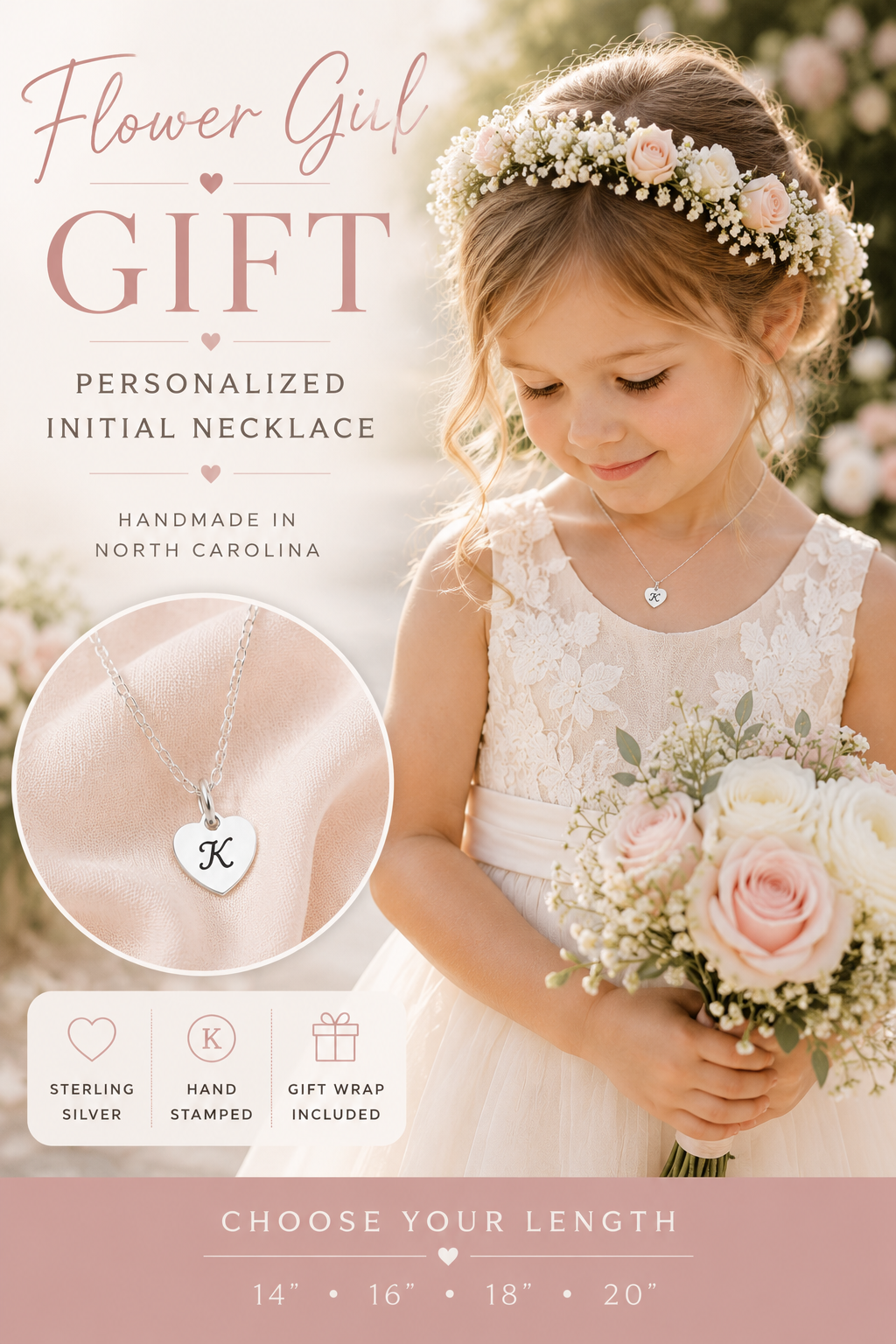 Collier en argent sterling personnalisé pour petite fille d'honneur avec pendentif cœur et fleur
