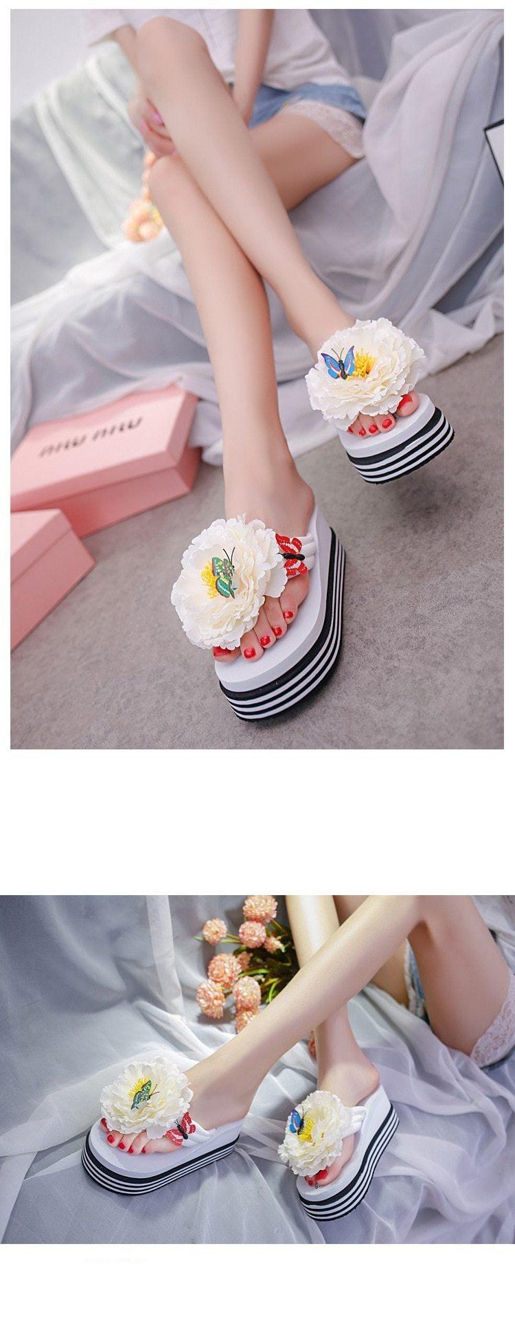 Chaussons à fleurs Claquettes d'été Chaussures compensées pour femmes Tongs à talons épais Tongs de douche de plage Tongs de piscine à séchage rapide Sandales de plage Tongs d'intérieur à bout ouvert