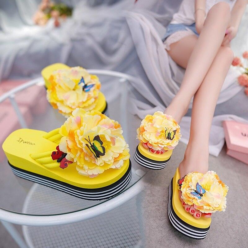 Chaussons à fleurs Claquettes d'été Chaussures compensées pour femmes Tongs à talons épais Tongs de douche de plage Tongs de piscine à séchage rapide Sandales de plage Tongs d'intérieur à bout ouvert