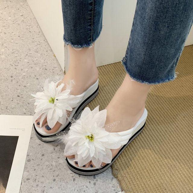 Chaussons à fleurs Claquettes d'été Chaussures compensées pour femmes Tongs à talons épais Tongs de douche de plage Tongs de piscine à séchage rapide Sandales de plage Tongs d'intérieur à bout ouvert