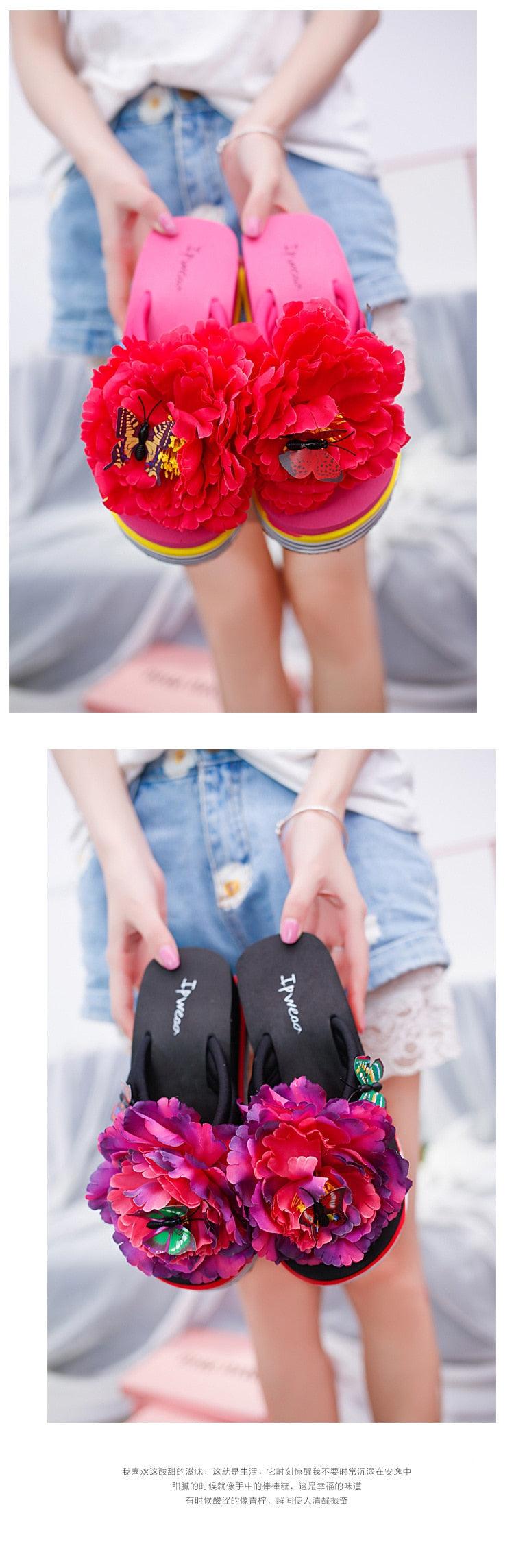 Chaussons à fleurs Claquettes d'été Chaussures compensées pour femmes Tongs à talons épais Tongs de douche de plage Tongs de piscine à séchage rapide Sandales de plage Tongs d'intérieur à bout ouvert