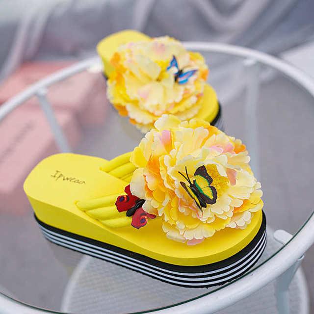 Chaussons à fleurs Claquettes d'été Chaussures compensées pour femmes Tongs à talons épais Tongs de douche de plage Tongs de piscine à séchage rapide Sandales de plage Tongs d'intérieur à bout ouvert