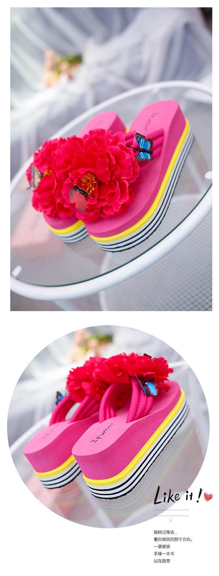 Chaussons à fleurs Claquettes d'été Chaussures compensées pour femmes Tongs à talons épais Tongs de douche de plage Tongs de piscine à séchage rapide Sandales de plage Tongs d'intérieur à bout ouvert